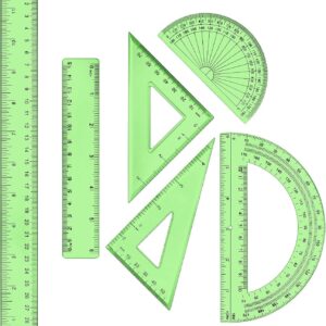 1 Set Plastic Clear Math Set Includes Protractor Triangle Rulers 12 Inch 6 Inch Straight Geometry Math Transparent Ruler Measuring Tool for School Office Home Supplies (Green)