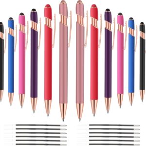 12 PCS 2 in 1 Stylus Ballpoint Pen with Stylus Tip, 1.0 mm Black Ink Metal Pen Stylus Pen for Touch Screens (Rose glod & 6 Colors)