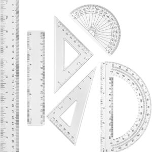 1 Set Plastic Clear Math Set Includes Protractor Triangle Rulers 12 Inch 6 Inch Straight Geometry Math Transparent Ruler Measuring Tool for School Office Home Supplies(Clear)