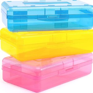 3 Pack Pencil Case, Large Hard Pencil Box Bulk, Clear Crayon Box Marker Pen Organizer, Plastic Storage Container with Snap Lid, Stackable Art Craft Organizer Back to School Supplies, Colorful