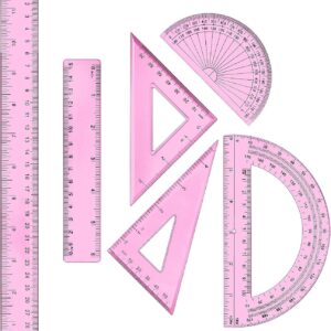 1 Set Plastic Clear Math Set Includes Protractor Triangle Rulers 12 Inch 6 Inch Straight Geometry Math Transparent Ruler Measuring Tool for School Office Home Supplies(Pink)