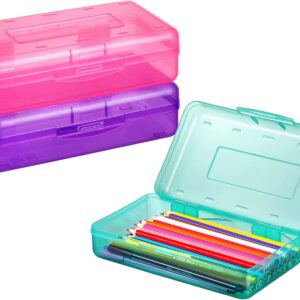 3 Pack Pencil Case, Large Hard Pencil Box Bulk, Clear Crayon Box Marker Pen Organizer, Plastic Storage Container with Snap Lid, Stackable Art Craft Organizer Back to School Supplies