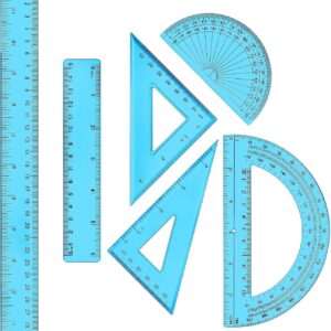 1 Set Plastic Clear Math Set Includes Protractor Triangle Rulers 12 Inch 6 Inch Straight Geometry Math Transparent Ruler Measuring Tool for School Office Home Supplies(Blue)