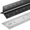 Architectural Scale Ruler Set, 2 Pack 12 Inch Aluminum Architect Ruler with Standard Metal Ruler, Imperial Architect Triangular Ruler with Etching for Architects, Engineers, Students and Draftsman